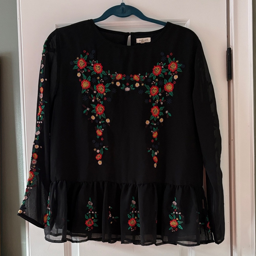 Floral Embroidered Black Blouse